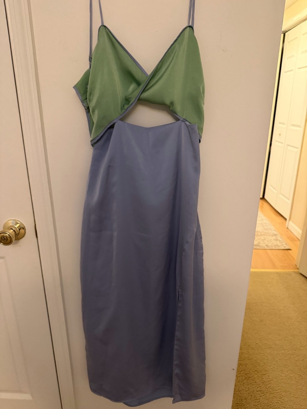 Lulu's Two-Tone Satin Cutout Slip Dress in Green and light blue
